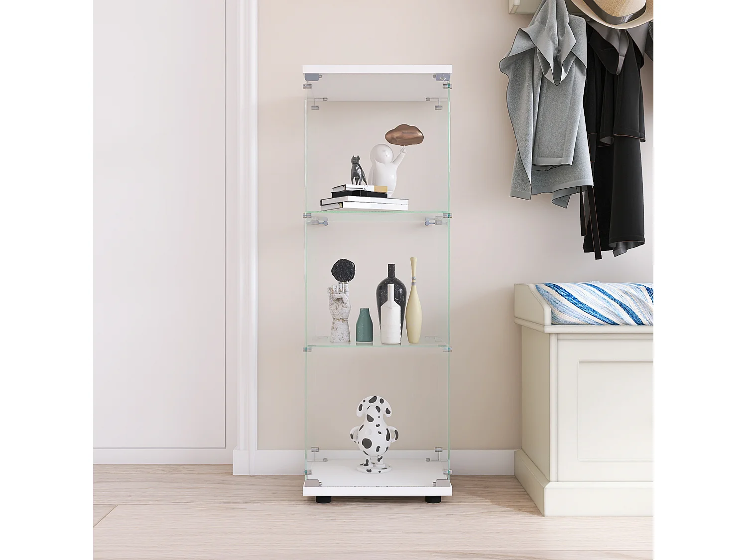 Vitrine en Verre, 3 étagères, Serrure, pour Chambre, Salon et Salle à Manger, 36 * 42 * 125cm, Blanc