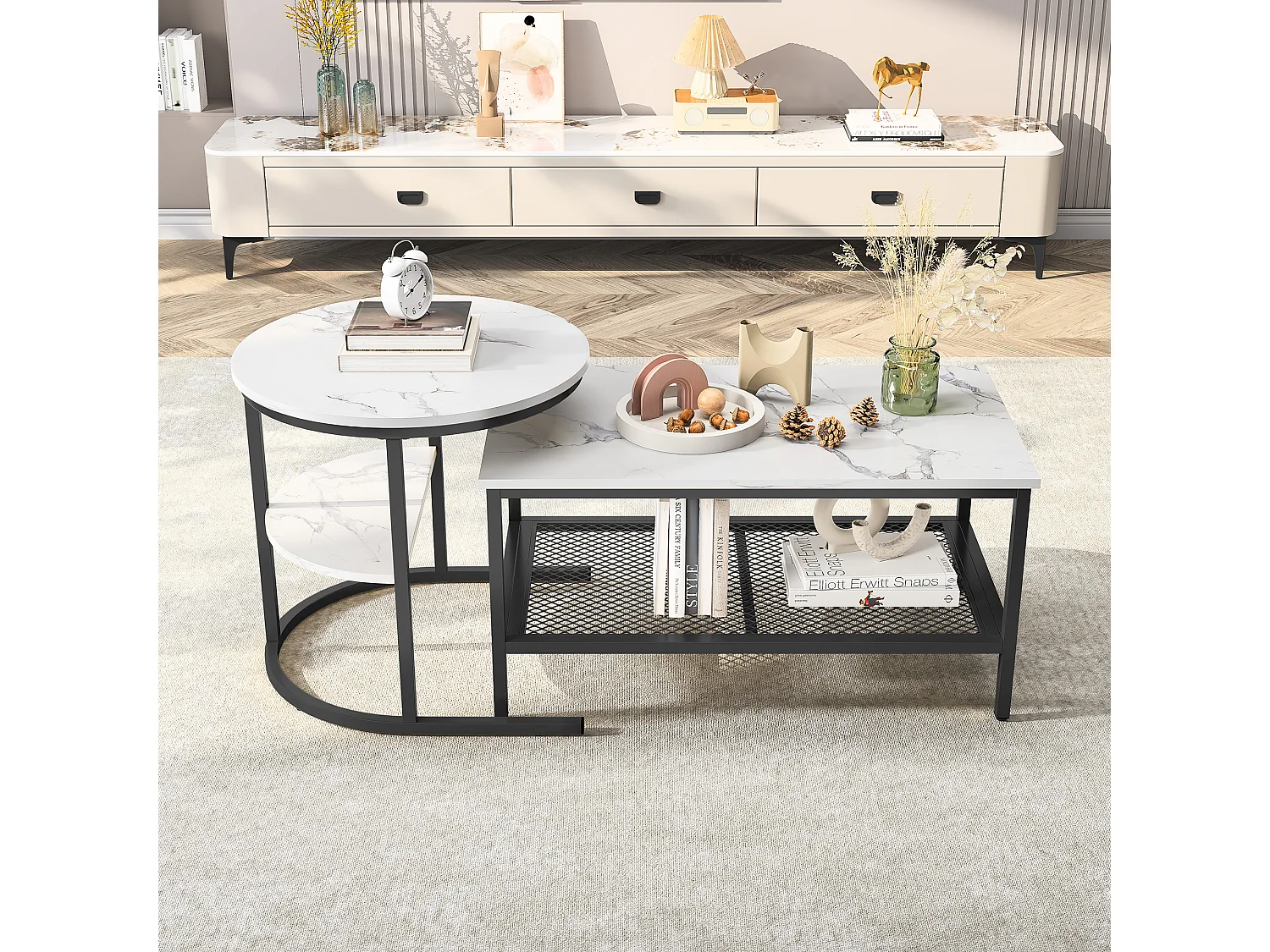 Ensemble de 2 Tables Basses Rondes et Rectangulaires, Placage Marbre, Cadre en Métal, Blanc et noir