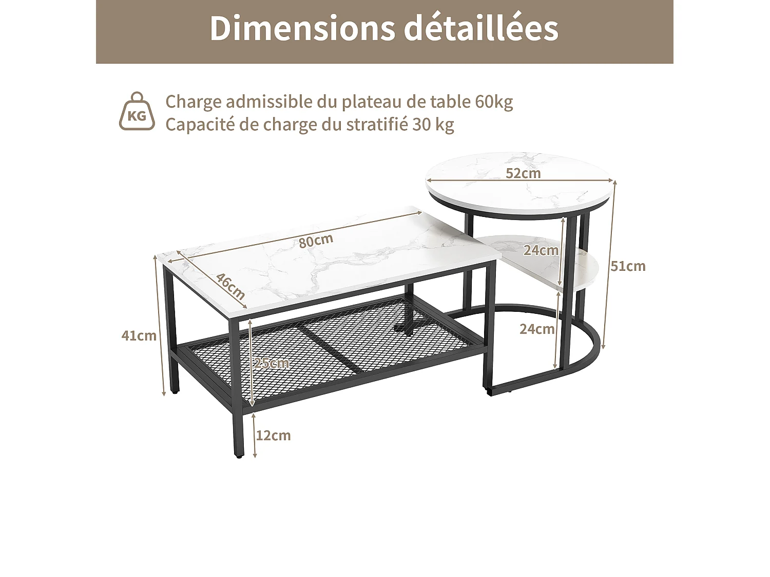 Ensemble de 2 Tables Basses Rondes et Rectangulaires, Placage Marbre, Cadre en Métal, Blanc et noir