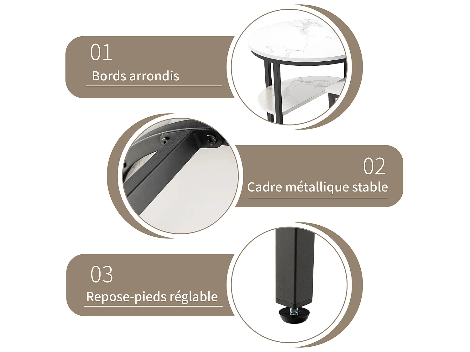 Ensemble de 2 Tables Basses Rondes et Rectangulaires, Placage Marbre, Cadre en Métal, Blanc et noir