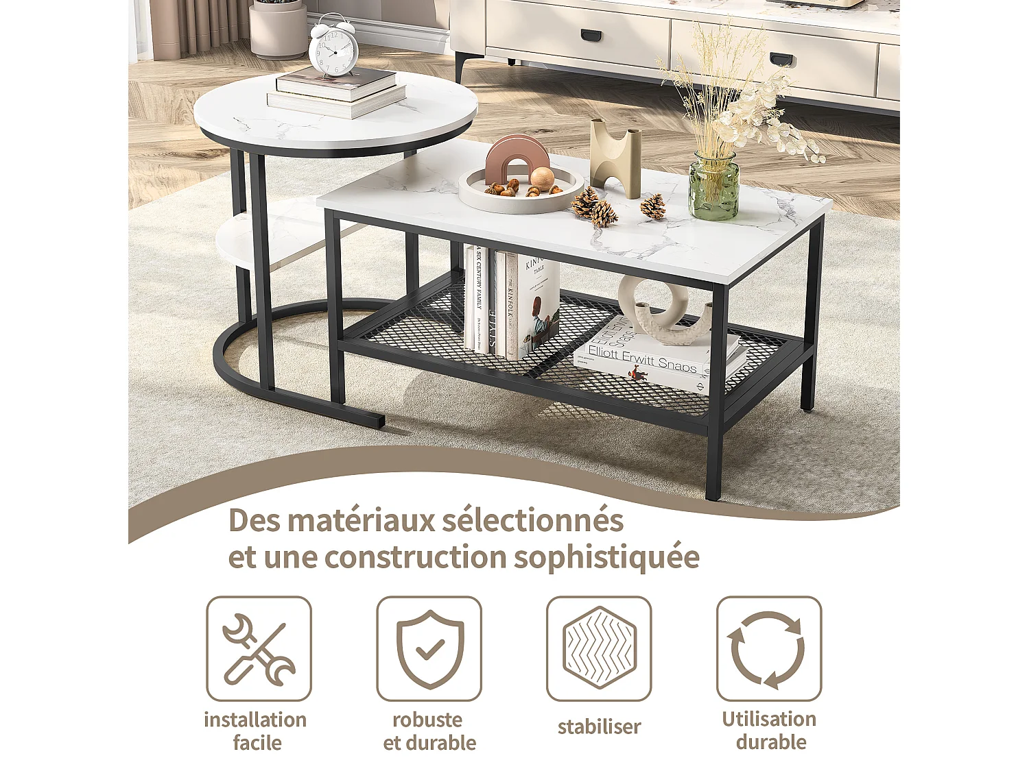 Ensemble de 2 Tables Basses Rondes et Rectangulaires, Placage Marbre, Cadre en Métal, Blanc et noir