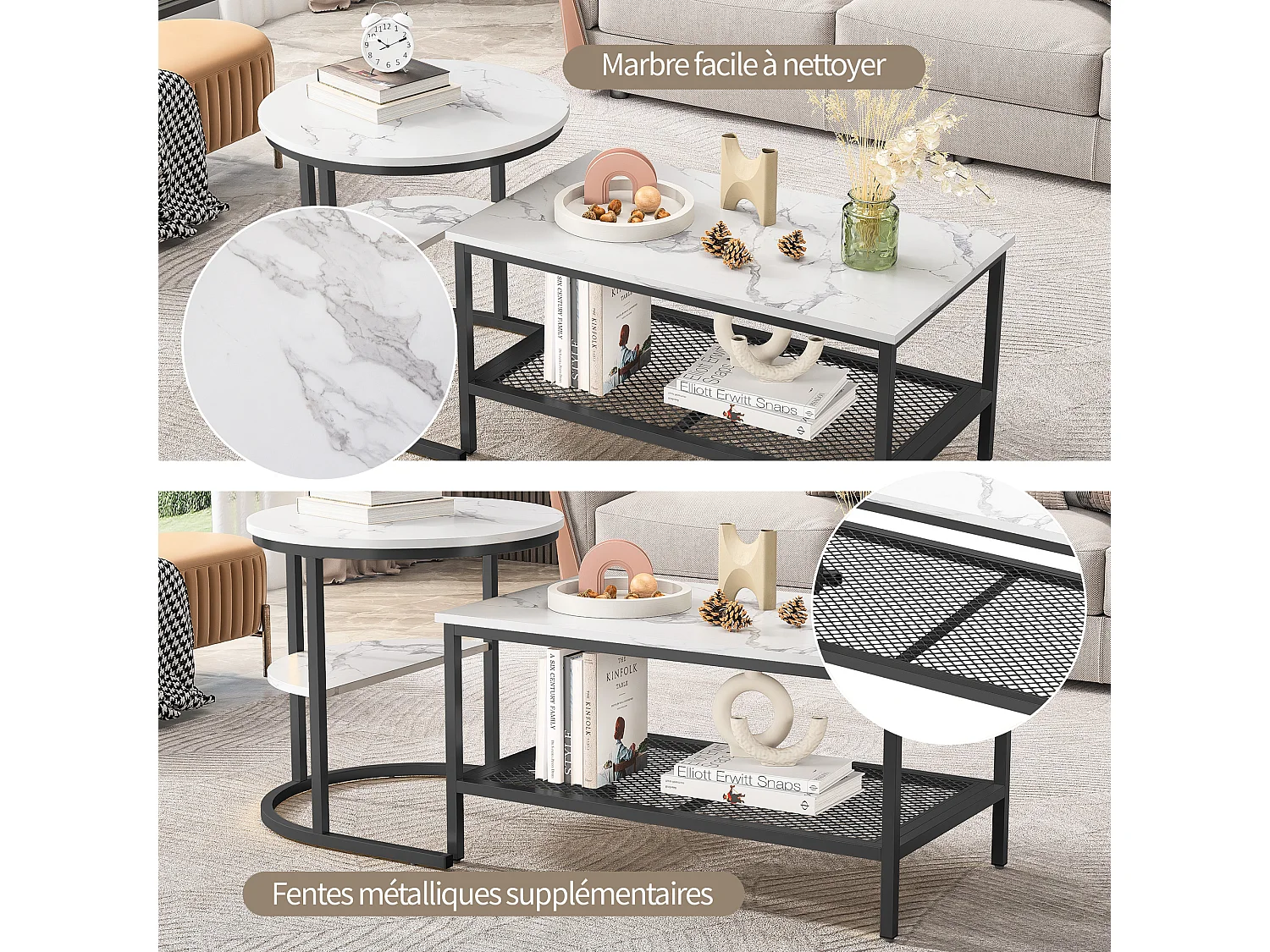 Ensemble de 2 Tables Basses Rondes et Rectangulaires, Placage Marbre, Cadre en Métal, Blanc et noir