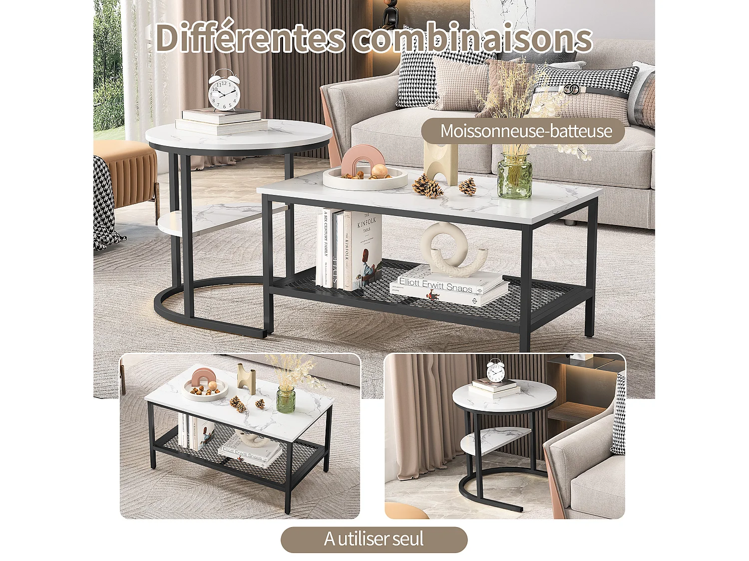 Ensemble de 2 Tables Basses Rondes et Rectangulaires, Placage Marbre, Cadre en Métal, Blanc et noir
