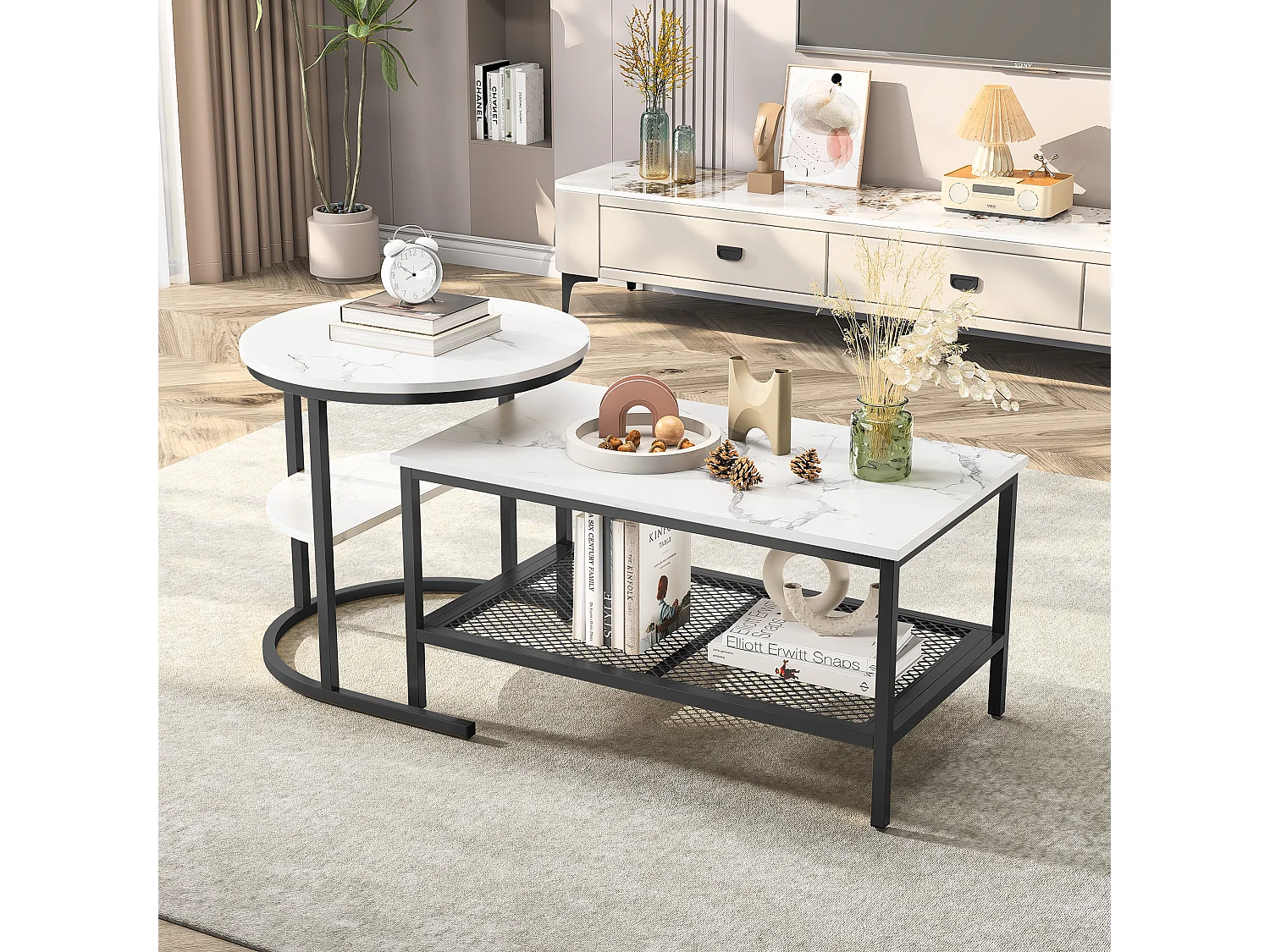 Ensemble de 2 Tables Basses Rondes et Rectangulaires, Placage Marbre, Cadre en Métal, Blanc et noir