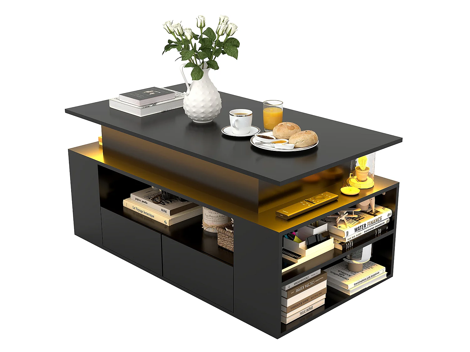 Table basse relevable avec LED RGB multicolore - Noir - Puluomis