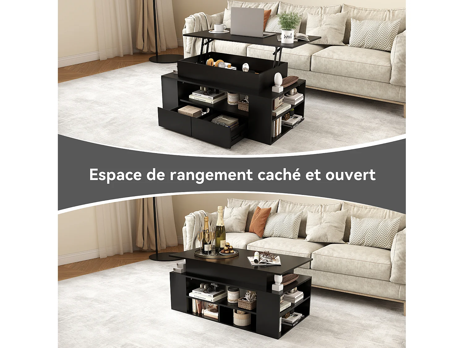 Table basse relevable avec LED RGB multicolore - Noir - Puluomis