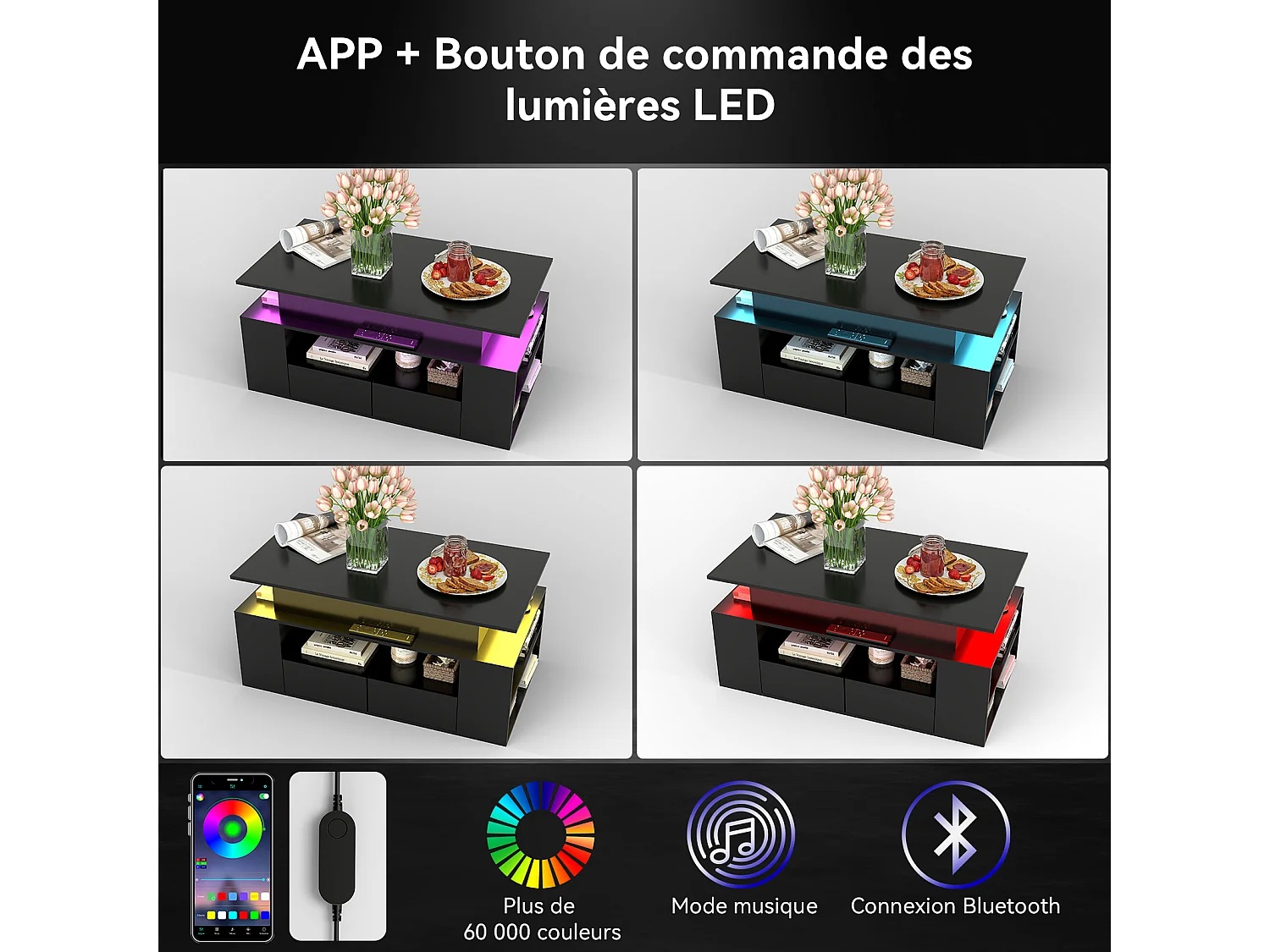 Table basse relevable avec LED RGB multicolore - Noir - Puluomis