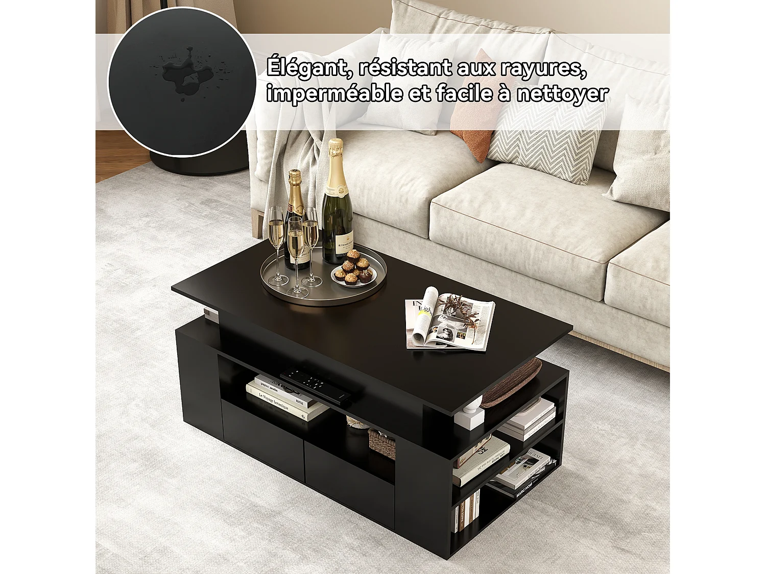 Table basse relevable avec LED RGB multicolore - Noir - Puluomis