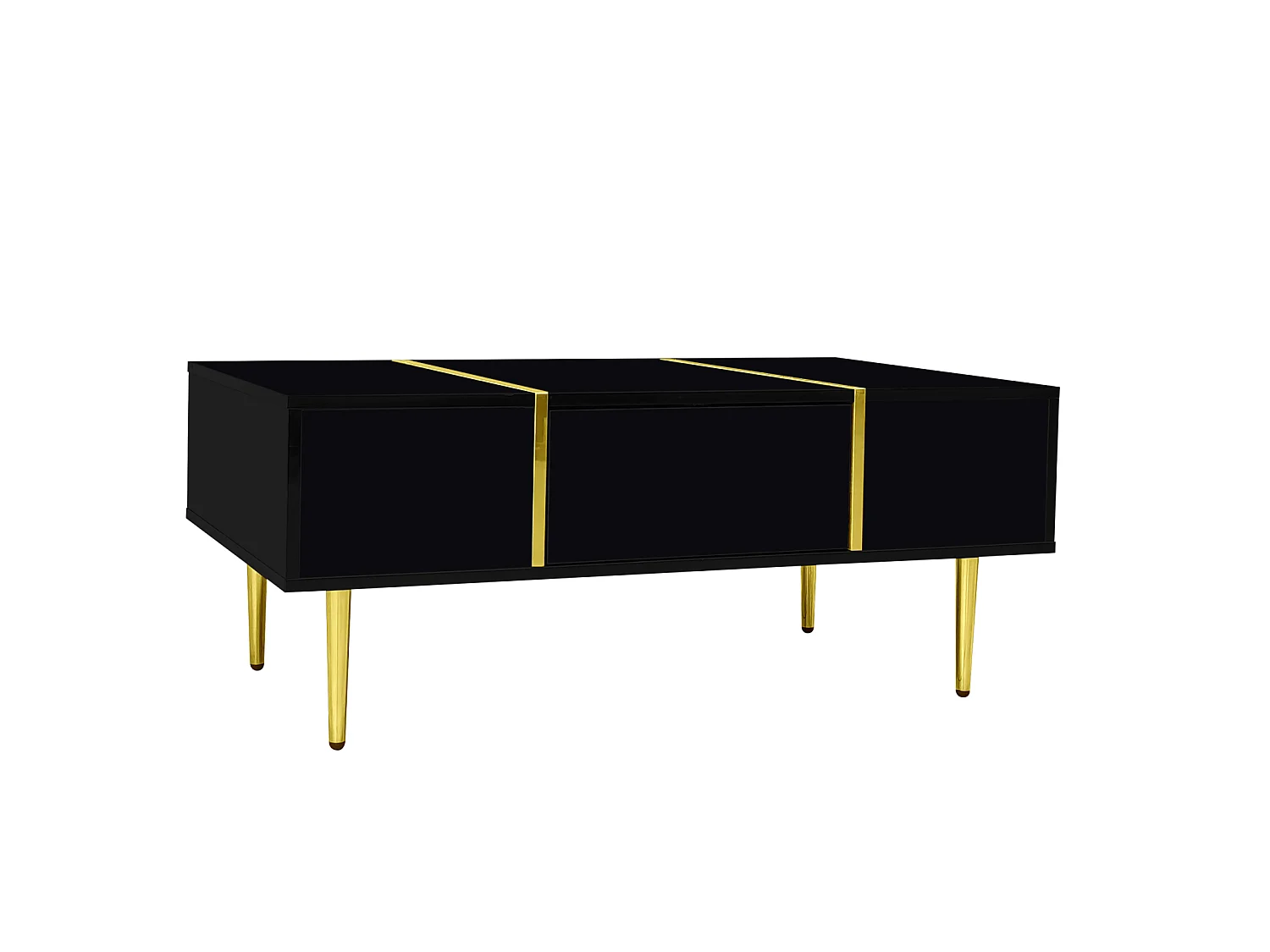 Mesa de centro retangular, mesa de sala de estar com 2 gavetas, com detalhes dourados, preta.