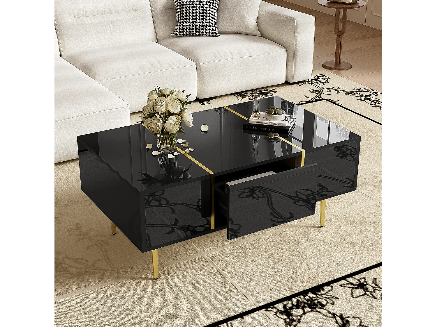 Mesa de centro retangular, mesa de sala de estar com 2 gavetas, com detalhes dourados, preta.