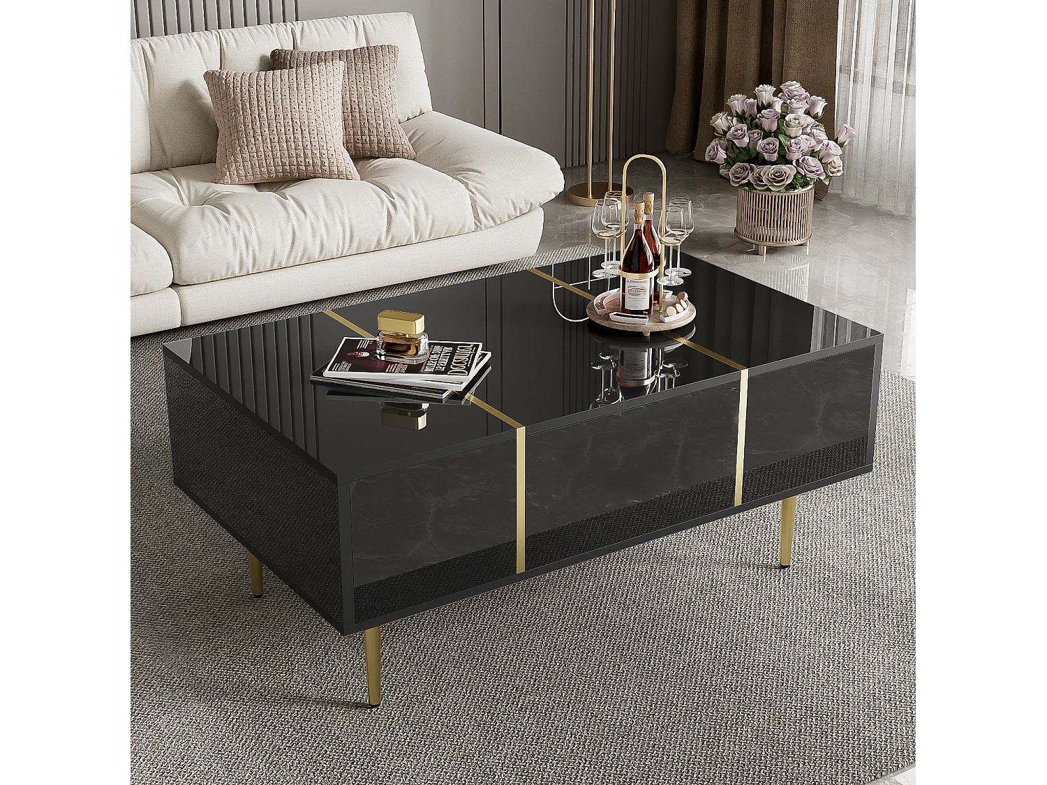 Mesa de centro retangular, mesa de sala de estar com 2 gavetas, com detalhes dourados, preta.