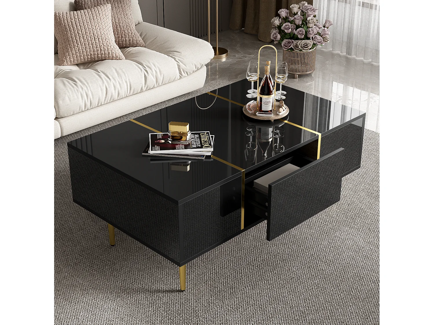 Mesa de centro retangular, mesa de sala de estar com 2 gavetas, com detalhes dourados, preta.