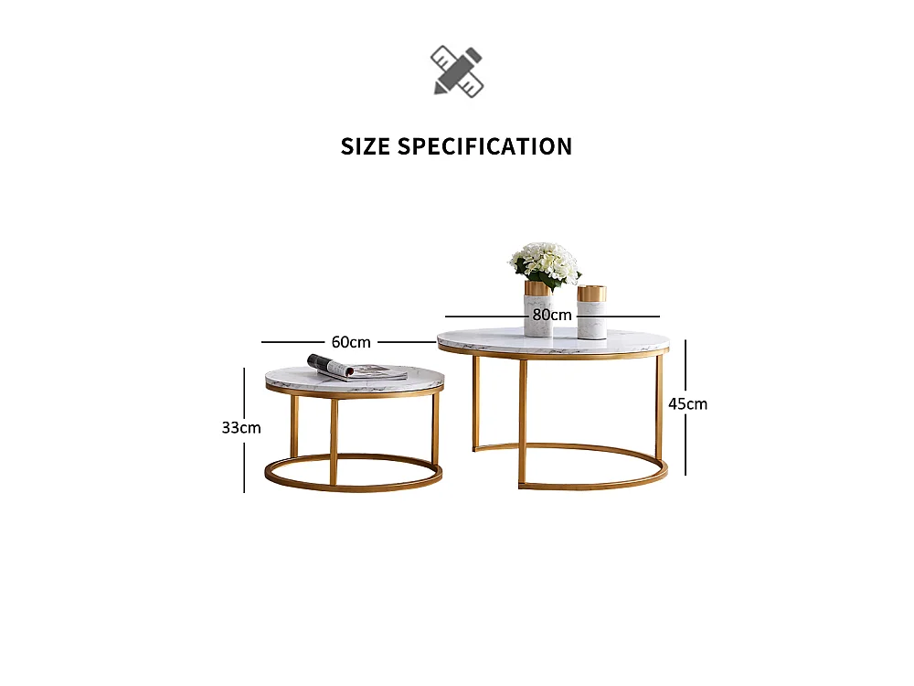 Set van 2 stapelbare salontafels voor de woonkamer, ronde tafels met een wit marmerlook en een metalen frame.
