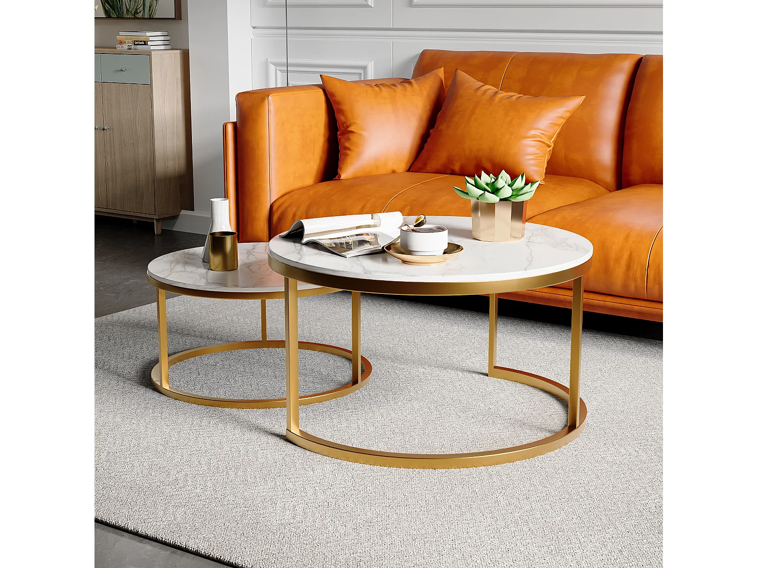 Set van 2 stapelbare salontafels voor de woonkamer, ronde tafels met een wit marmerlook en een metalen frame.