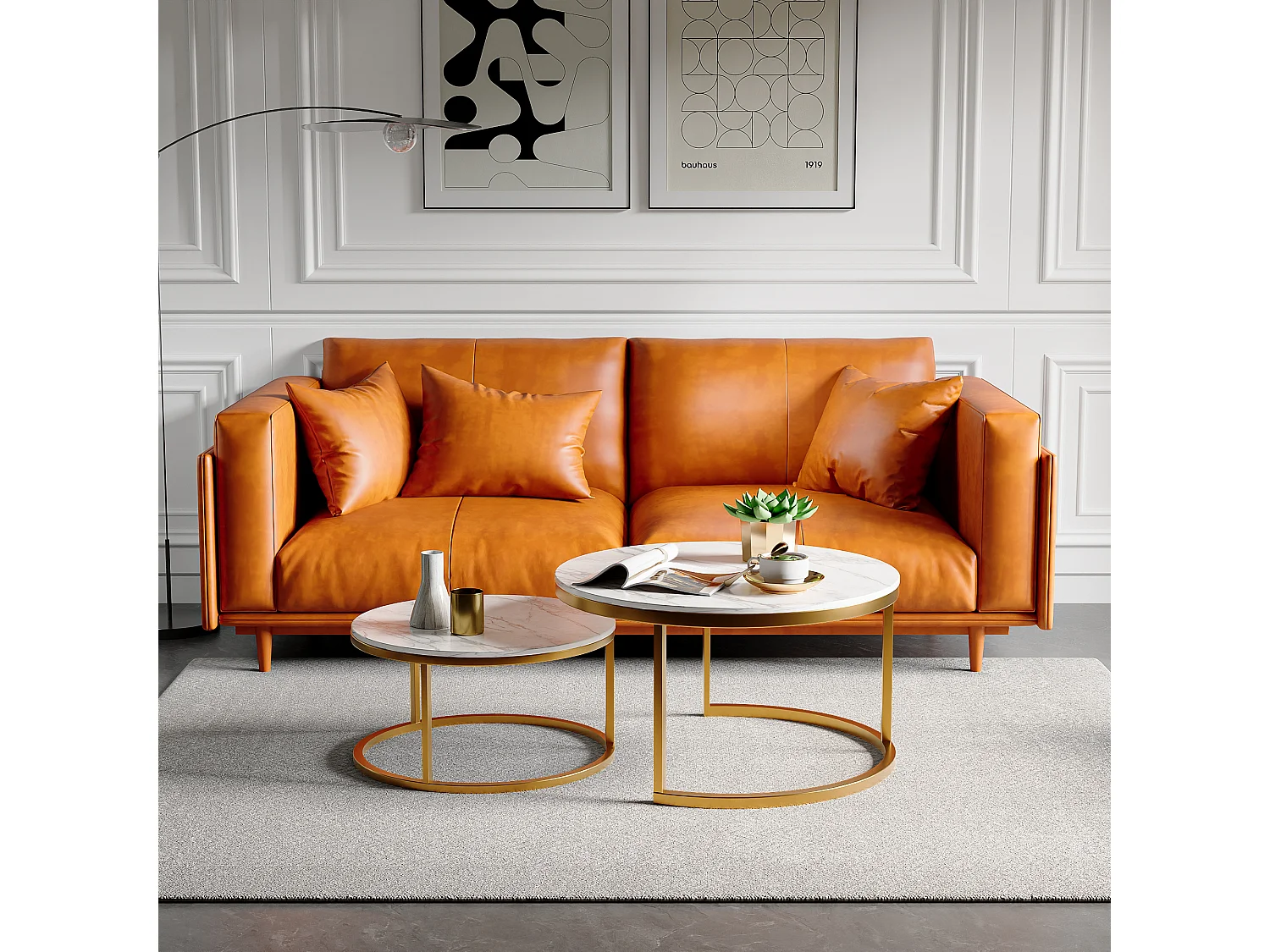 Set van 2 stapelbare salontafels voor de woonkamer, ronde tafels met een wit marmerlook en een metalen frame.