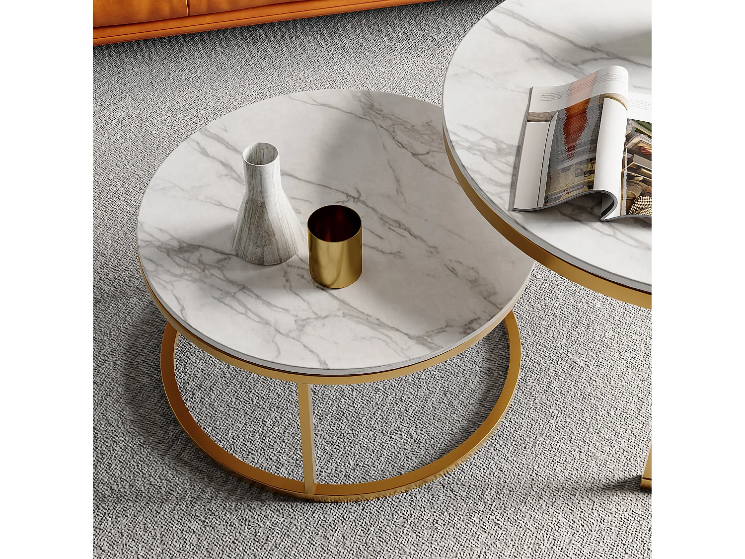 Set van 2 stapelbare salontafels voor de woonkamer, ronde tafels met een wit marmerlook en een metalen frame.