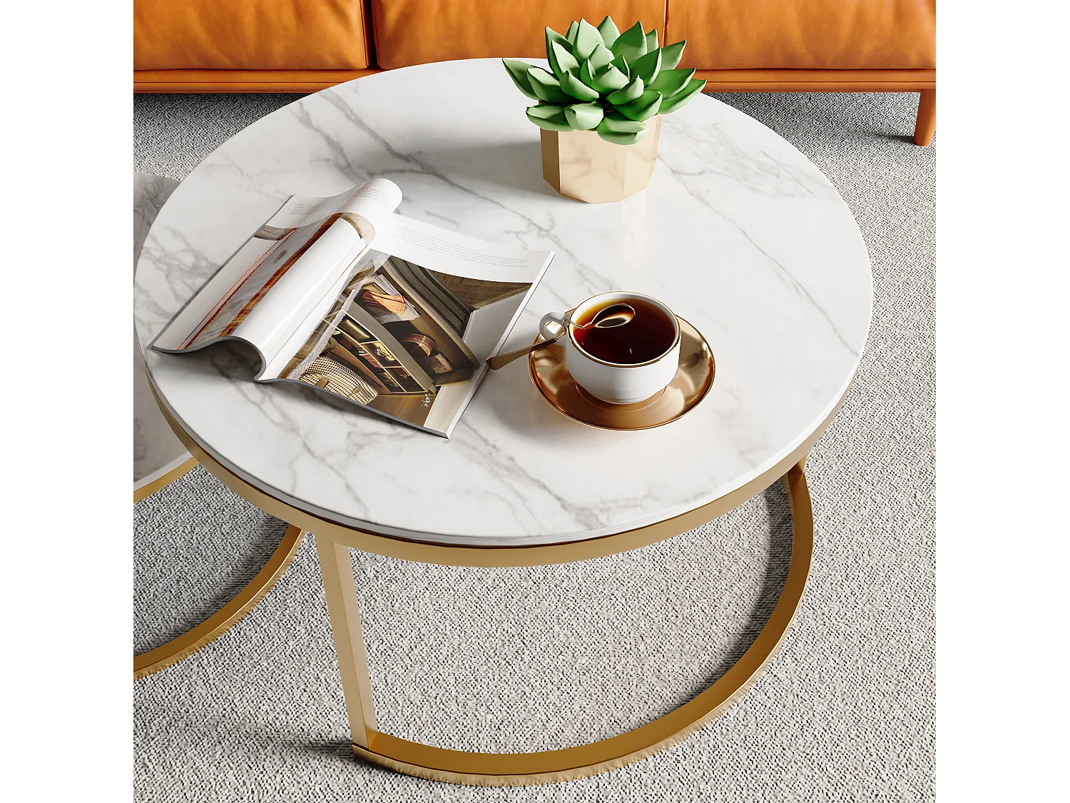 Set van 2 stapelbare salontafels voor de woonkamer, ronde tafels met een wit marmerlook en een metalen frame.