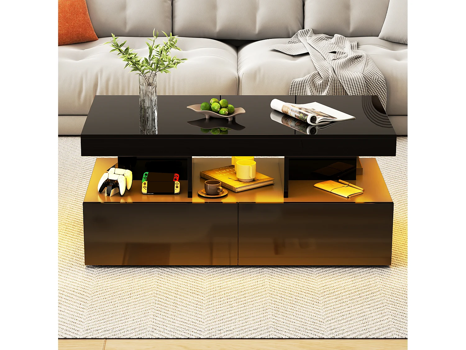Table Basse LED, Tables de Salon Rectangulaire avec Compartiments de Rangement, 104 x 53 cm, noir