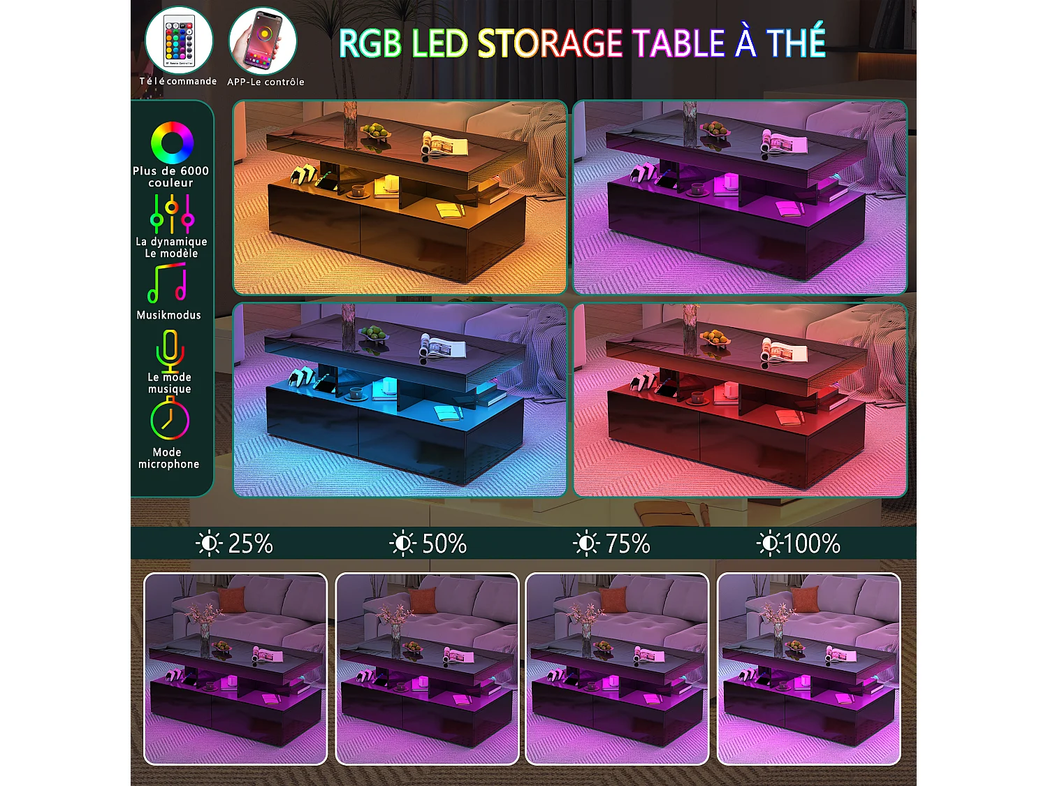Table Basse LED, Tables de Salon Rectangulaire avec Compartiments de Rangement, 104 x 53 cm, noir