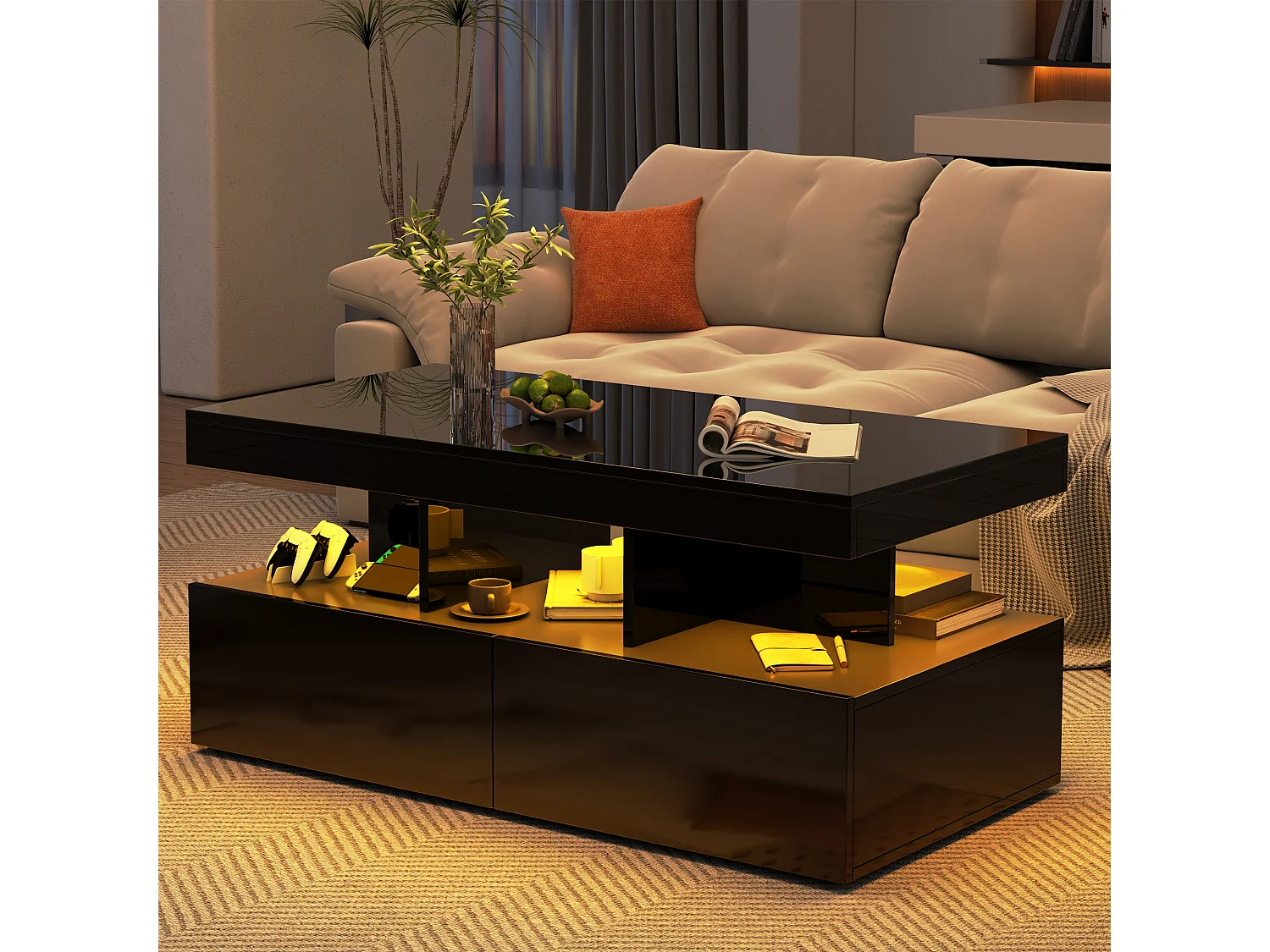 Table Basse LED, Tables de Salon Rectangulaire avec Compartiments de Rangement, 104 x 53 cm, noir