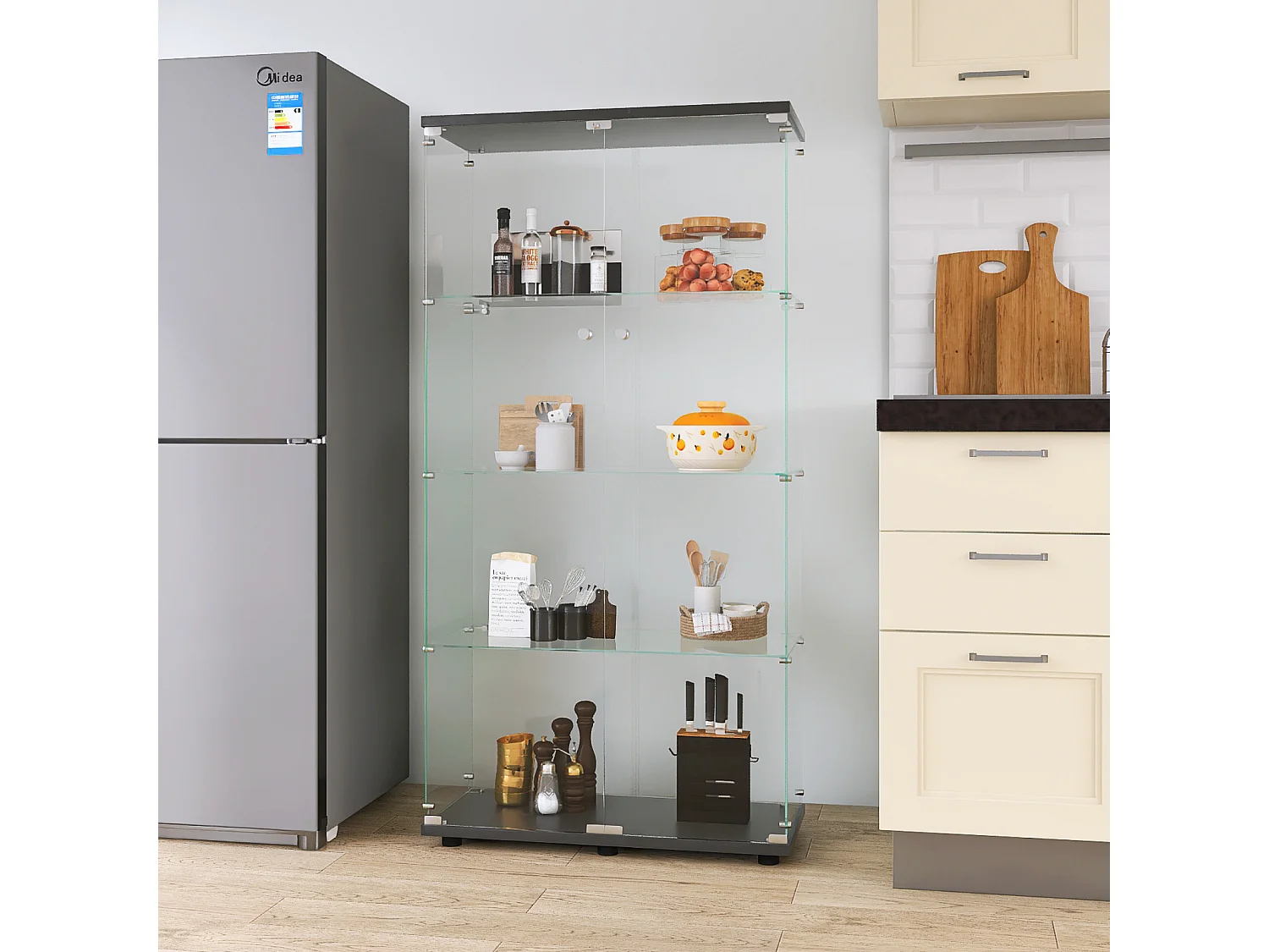 Glazen vitrines met 4 glazen planken, zwart, dubbele deuren, 36 x 80 x 164 cm