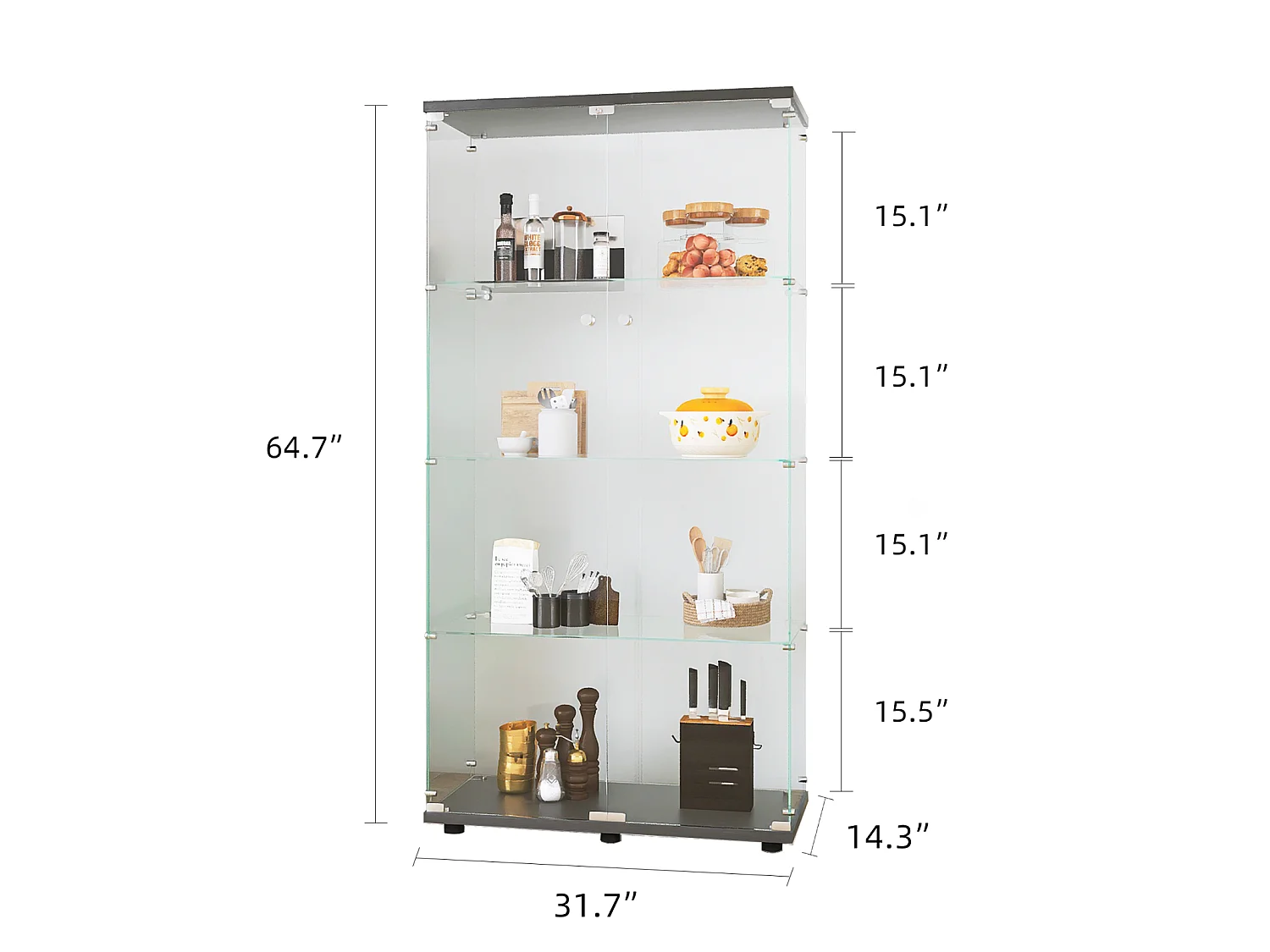 Glazen vitrines met 4 glazen planken, zwart, dubbele deuren, 36 x 80 x 164 cm