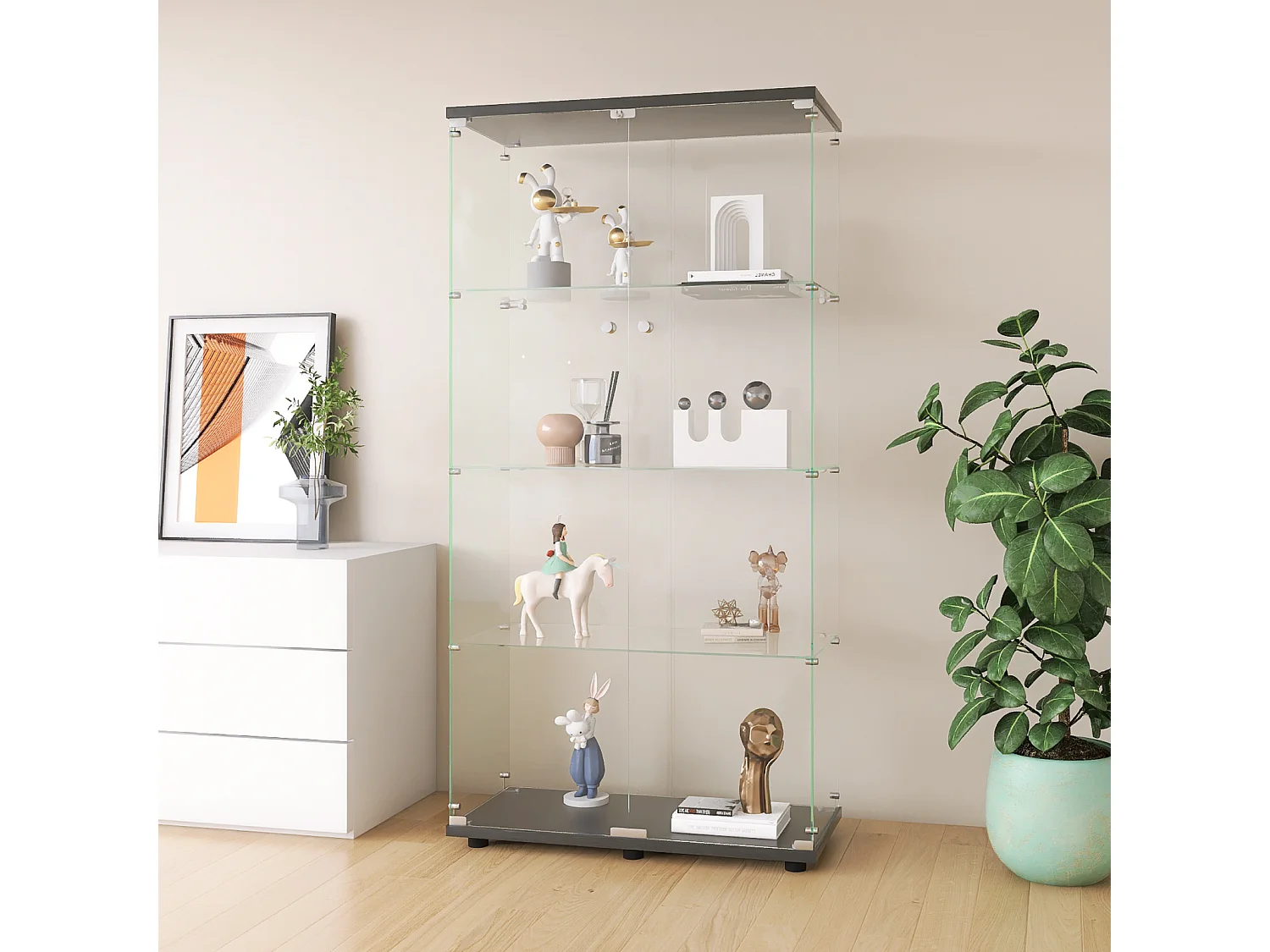 Glazen vitrines met 4 glazen planken, zwart, dubbele deuren, 36 x 80 x 164 cm