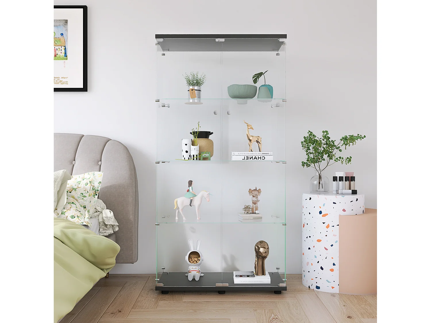 Glazen vitrines met 4 glazen planken, zwart, dubbele deuren, 36 x 80 x 164 cm