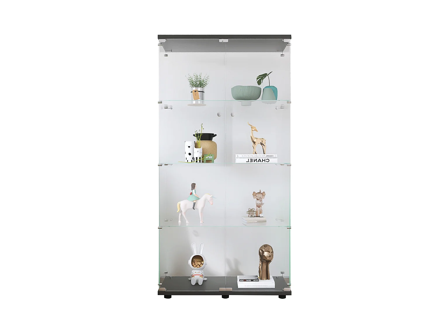Glazen vitrines met 4 glazen planken, zwart, dubbele deuren, 36 x 80 x 164 cm