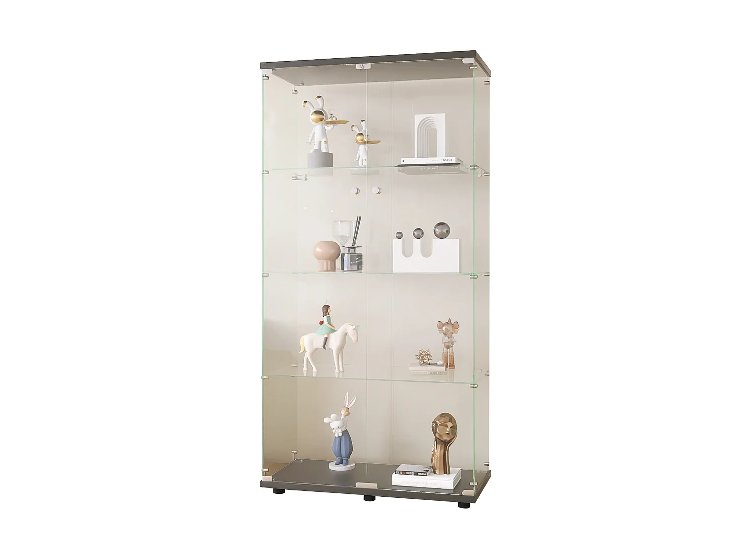 Glazen vitrines met 4 glazen planken, zwart, dubbele deuren, 36 x 80 x 164 cm