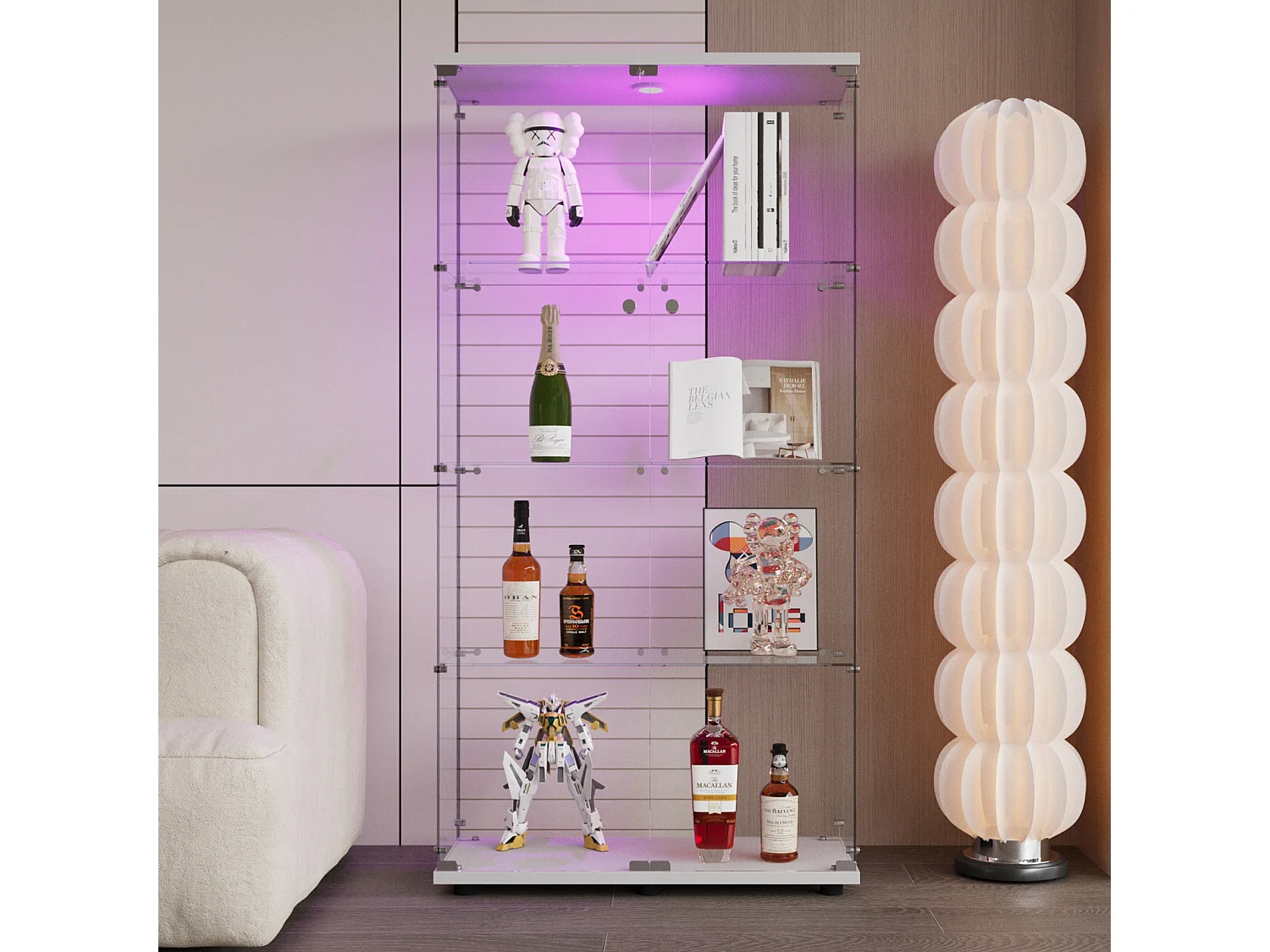 Vetrina in vetro temperato con illuminazione a LED, anta e retro a specchio - per collezioni, bianco, 80 x 36 x 164 cm