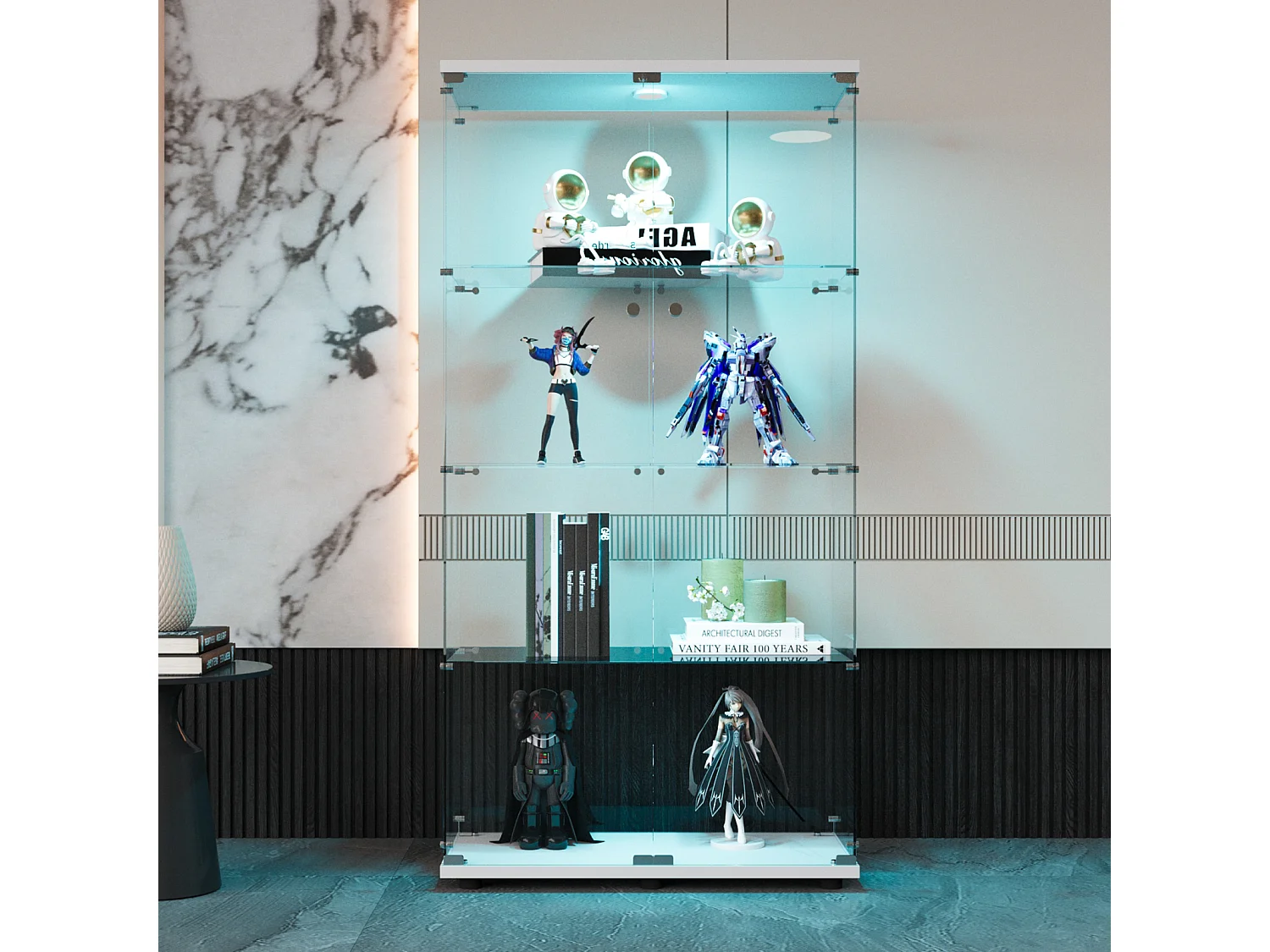 Vetrina in vetro temperato con illuminazione a LED, anta e retro a specchio - per collezioni, bianco, 80 x 36 x 164 cm