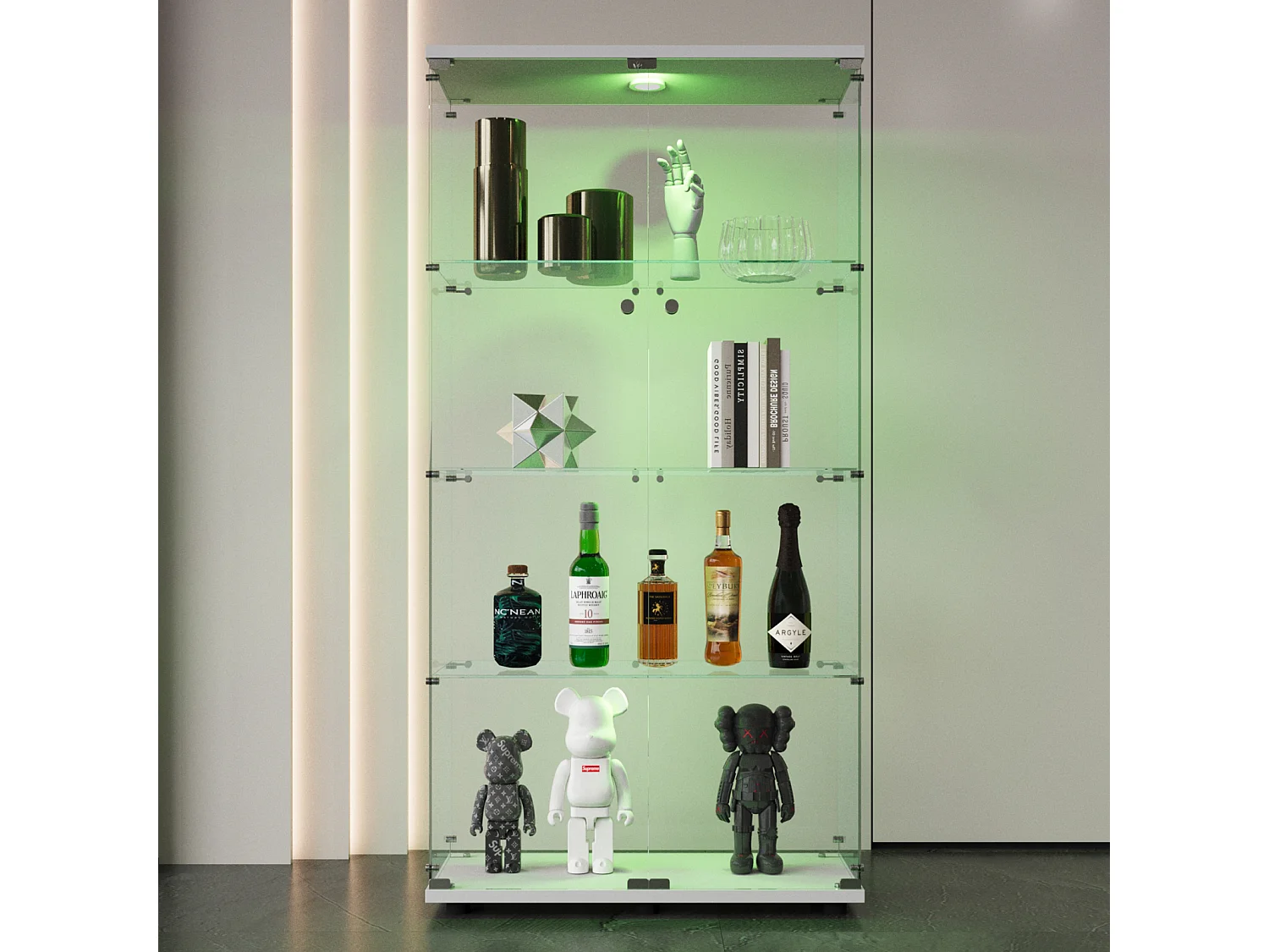 Vetrina in vetro temperato con illuminazione a LED, anta e retro a specchio - per collezioni, bianco, 80 x 36 x 164 cm