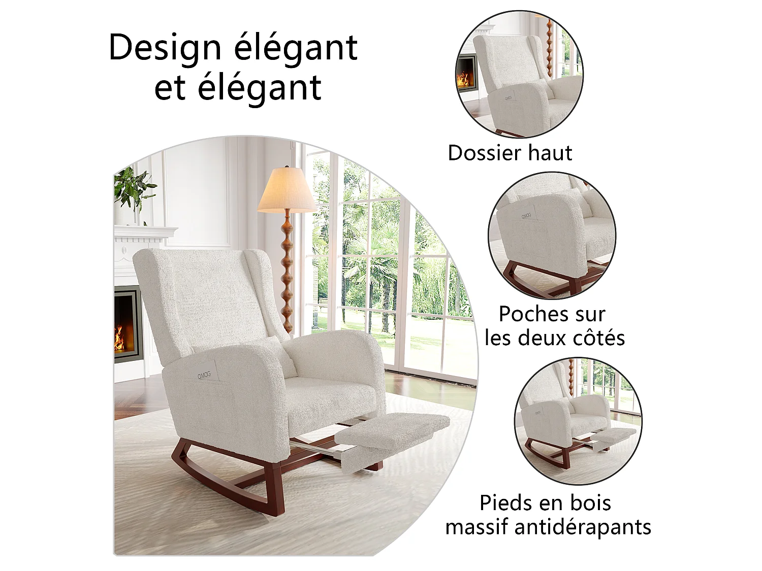 Fauteuil a Bascule, Fauteuil d'allaitement en Velours avec Repose-Pieds, Coussin Lombaire, blanc