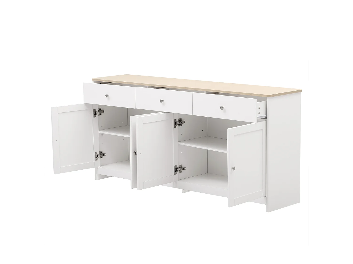 Buffet en Bois Blanc, Meuble de Rangement, Quatre Portes, Plateau Aspect Bois Clai, 160 X 37 X 75 cm