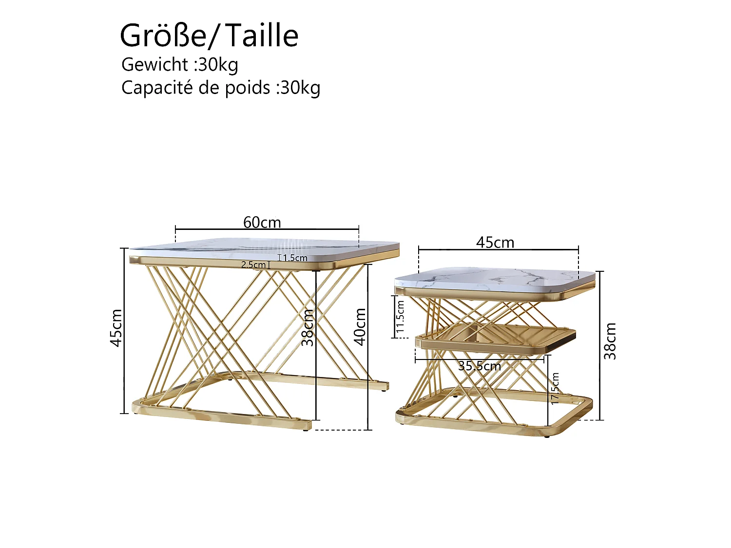 Lot de 2 Tables Basses Carrées Modernes avec Motif Marbre, Table Basse Gigogne, Blanc et Or