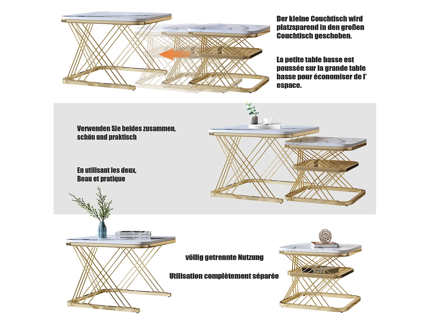 Lot de 2 Tables Basses Carrées Modernes avec Motif Marbre, Table Basse Gigogne, Blanc et Or
