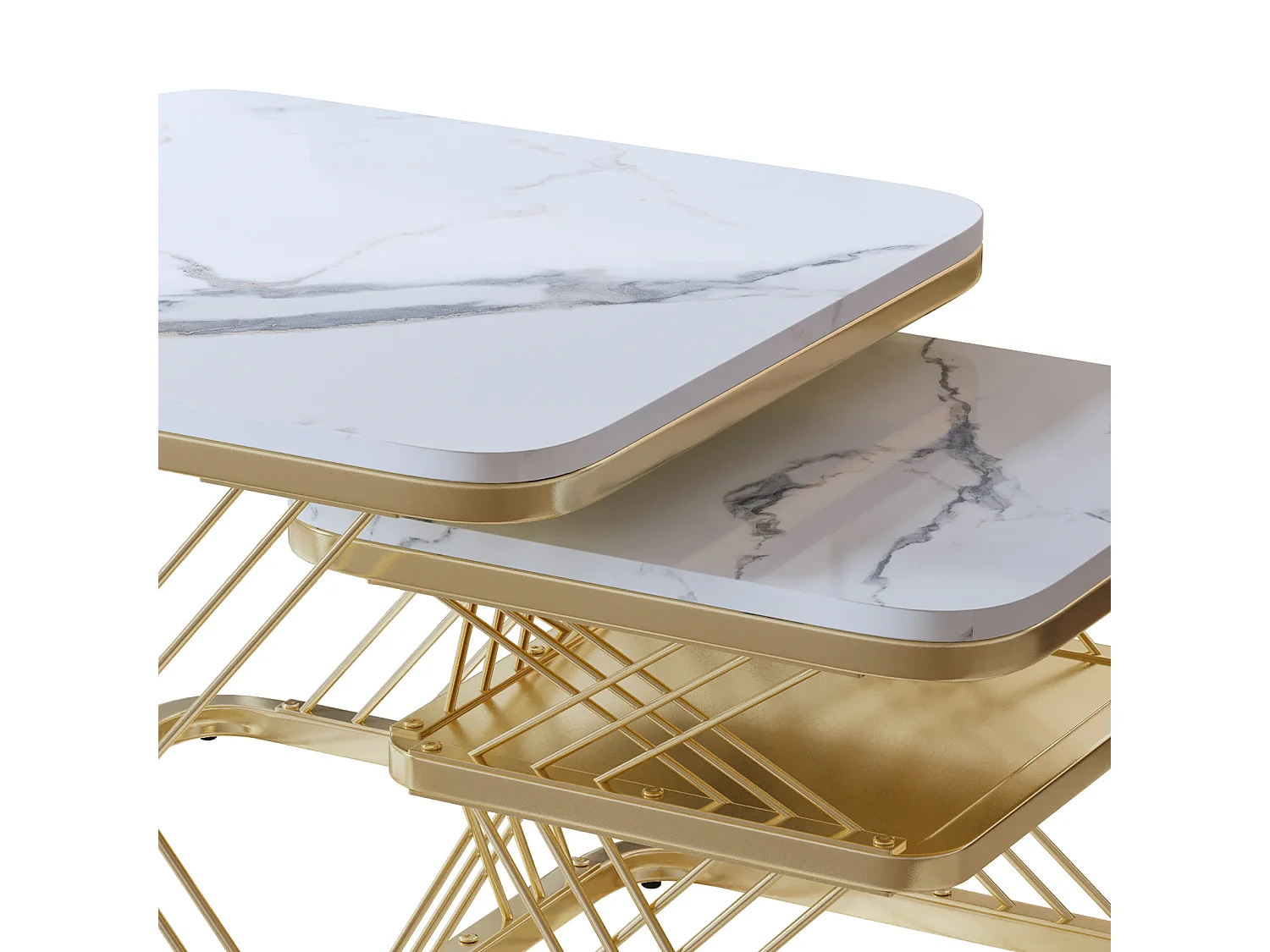 Lot de 2 Tables Basses Carrées Modernes avec Motif Marbre, Table Basse Gigogne, Blanc et Or