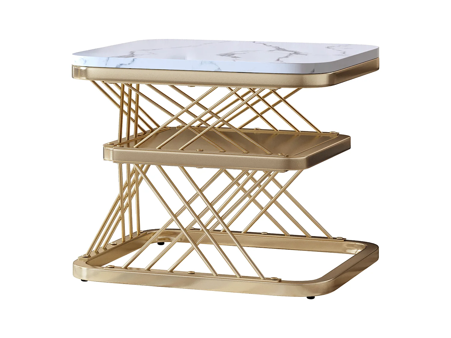 Lot de 2 Tables Basses Carrées Modernes avec Motif Marbre, Table Basse Gigogne, Blanc et Or
