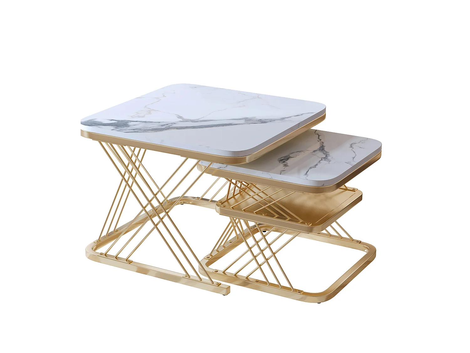 Lot de 2 Tables Basses Carrées Modernes avec Motif Marbre, Table Basse Gigogne, Blanc et Or