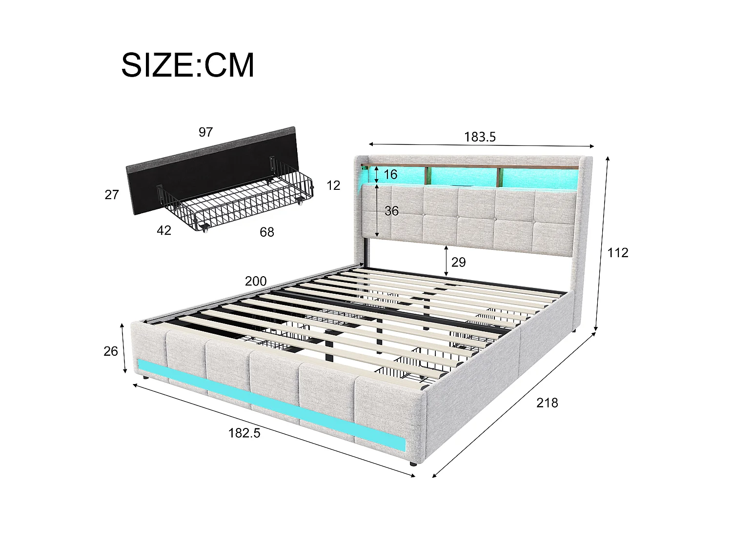 Cama de 180x200 cm con somier de láminas LED y carga USB, cama doble tapizada con 4 cajones, en lino, beige