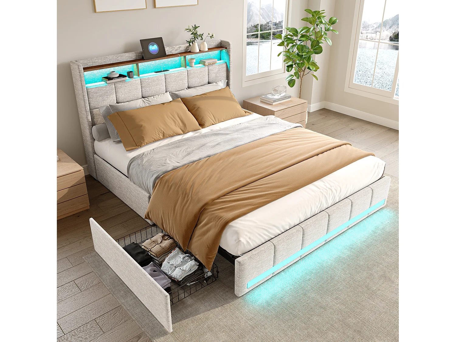 Cama de 180x200 cm con somier de láminas LED y carga USB, cama doble tapizada con 4 cajones, en lino, beige