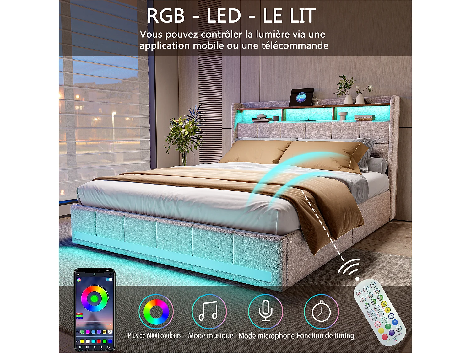 Cama de 180x200 cm con somier de láminas LED y carga USB, cama doble tapizada con 4 cajones, en lino, beige