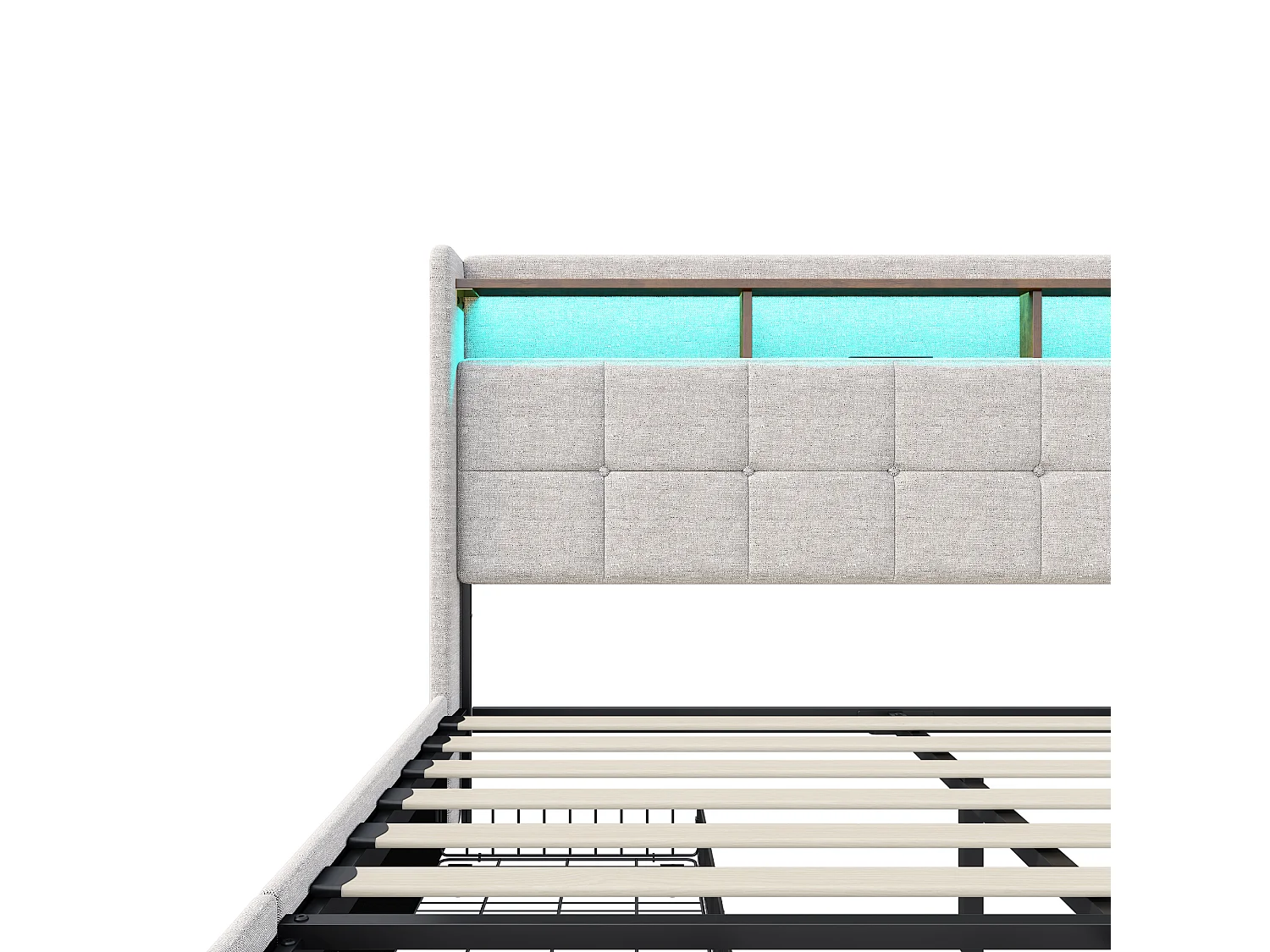 Cama de 180x200 cm con somier de láminas LED y carga USB, cama doble tapizada con 4 cajones, en lino, beige