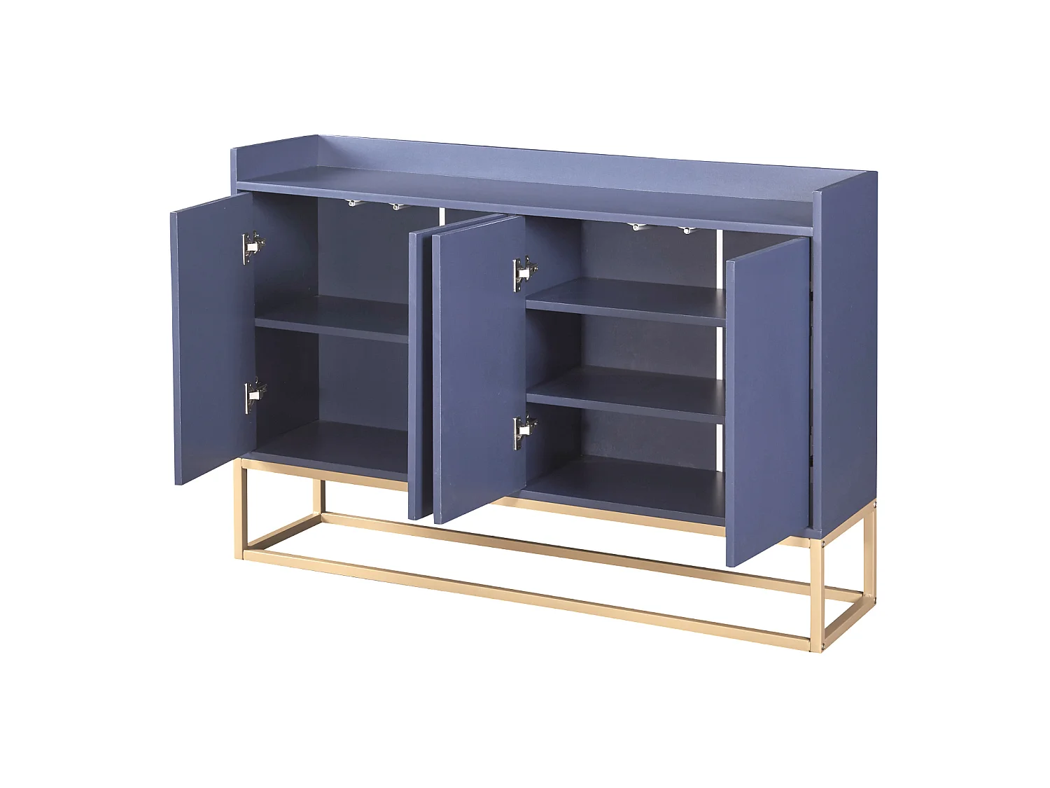 Minimalistisch dressoir met 4 deuren, metalen poten en verstelbare plank, blauw
