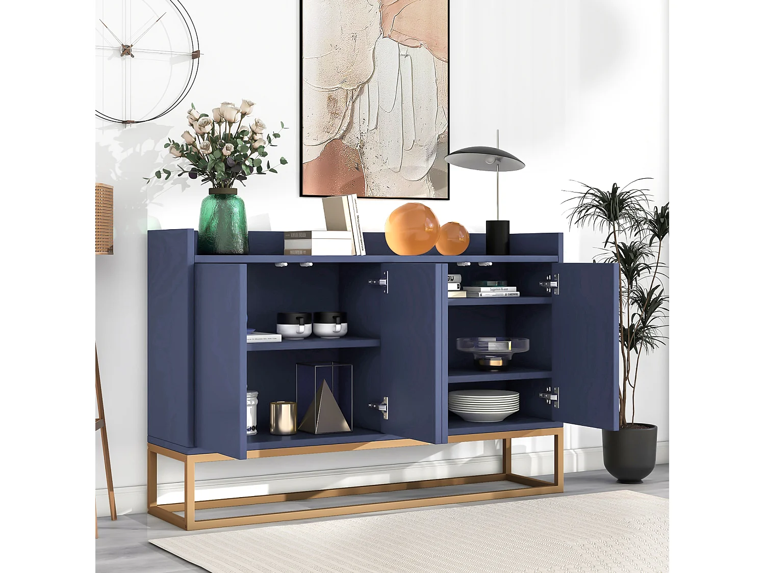 Minimalistisch dressoir met 4 deuren, metalen poten en verstelbare plank, blauw