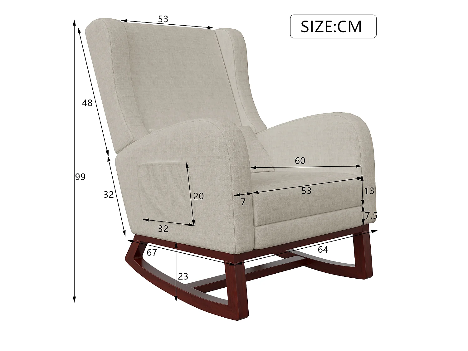 Fauteuil à Bascule Rembourré en Tissu avec Dossier Haut, AntidéRapant Pieds und Base en Bois, Blanc