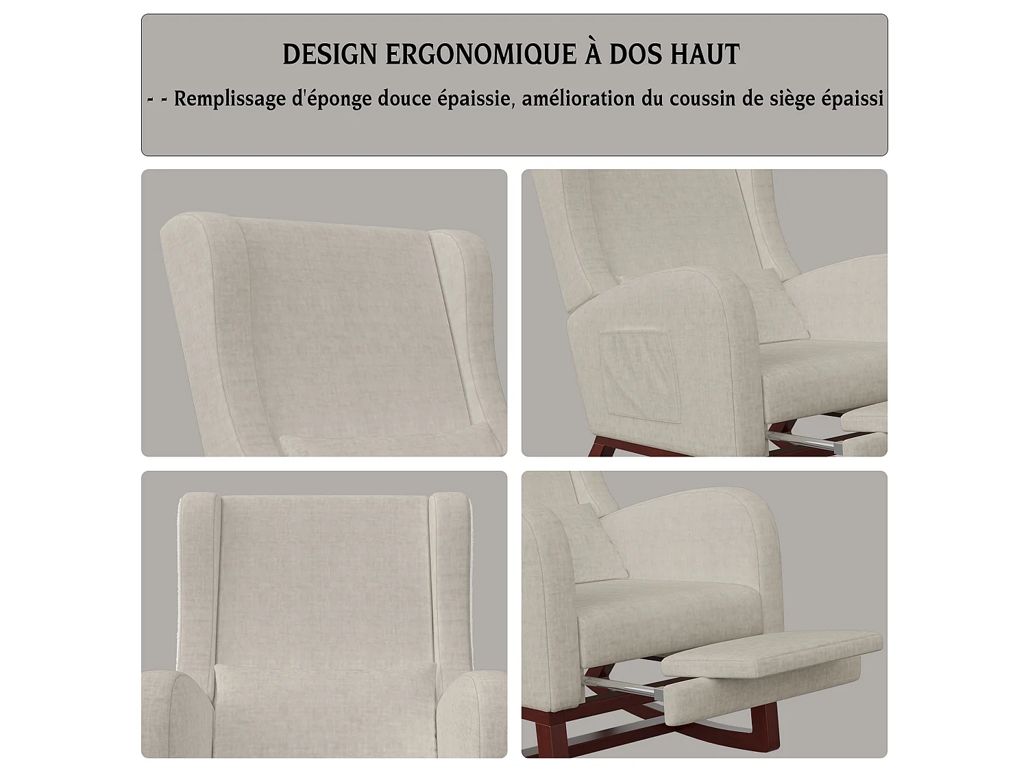 Fauteuil à Bascule Rembourré en Tissu avec Dossier Haut, AntidéRapant Pieds und Base en Bois, Blanc