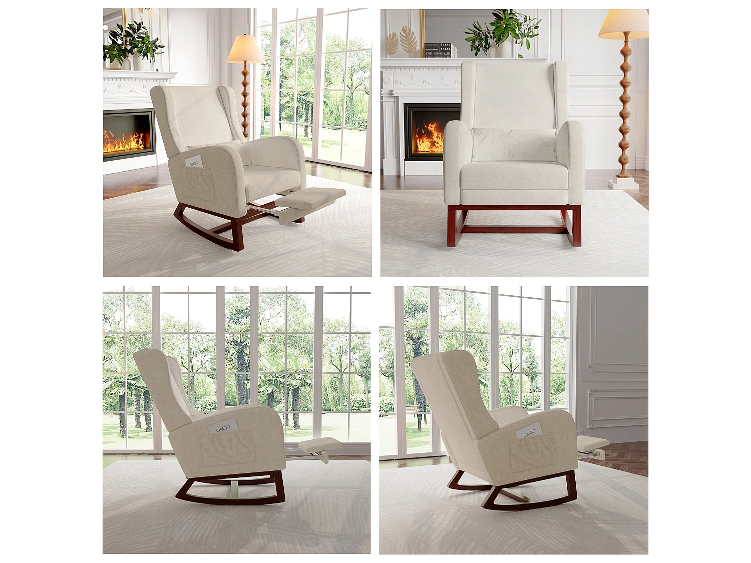 Fauteuil à Bascule Rembourré en Tissu avec Dossier Haut, AntidéRapant Pieds und Base en Bois, Blanc
