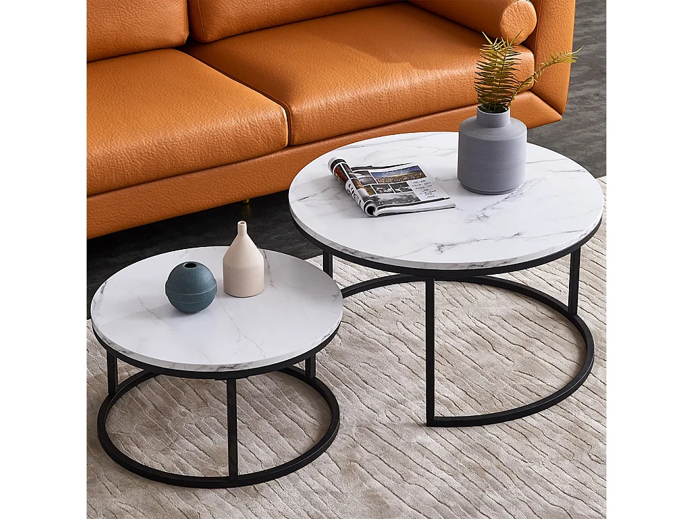 Lot de 2 tables basses, gigognes superposables de salon, tables de salon effet marbre,blanc et noirs
